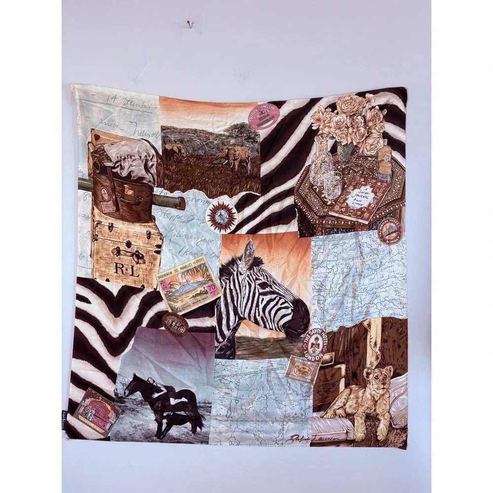 Ralph Lauren Silk Scarf Safari Zebra Lion Elephant Vintage Travel Collage Italy